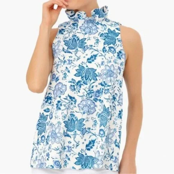 Tuckernuck Mason Blue Floral Chintz High Ruffle Neck Blouse with Tie Back - Picture 4 of 9